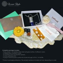 Load image into Gallery viewer, Fountain Sunset Rollerball Necklace Series - Amber & Yellow Rutilated Quartz on Black Leaf Pattern