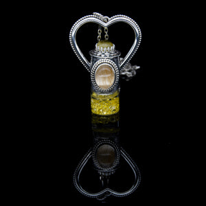 Fountain Sunset Rollerball Necklace Series - Amber & Yellow Rutilated Quartz on Black Leaf Pattern