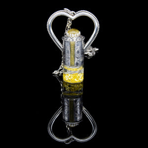 Fountain Sunset Rollerball Necklace Series - Amber & Yellow Rutilated Quartz on Black Leaf Pattern