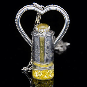 Fountain Sunset Rollerball Necklace Series - Amber & Yellow Rutilated Quartz on Black Leaf Pattern