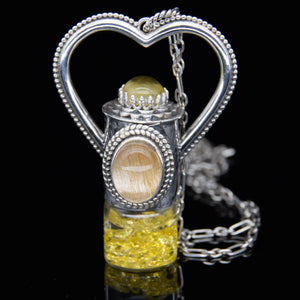 Fountain Sunset Rollerball Necklace Series - Amber & Yellow Rutilated Quartz on Black Leaf Pattern