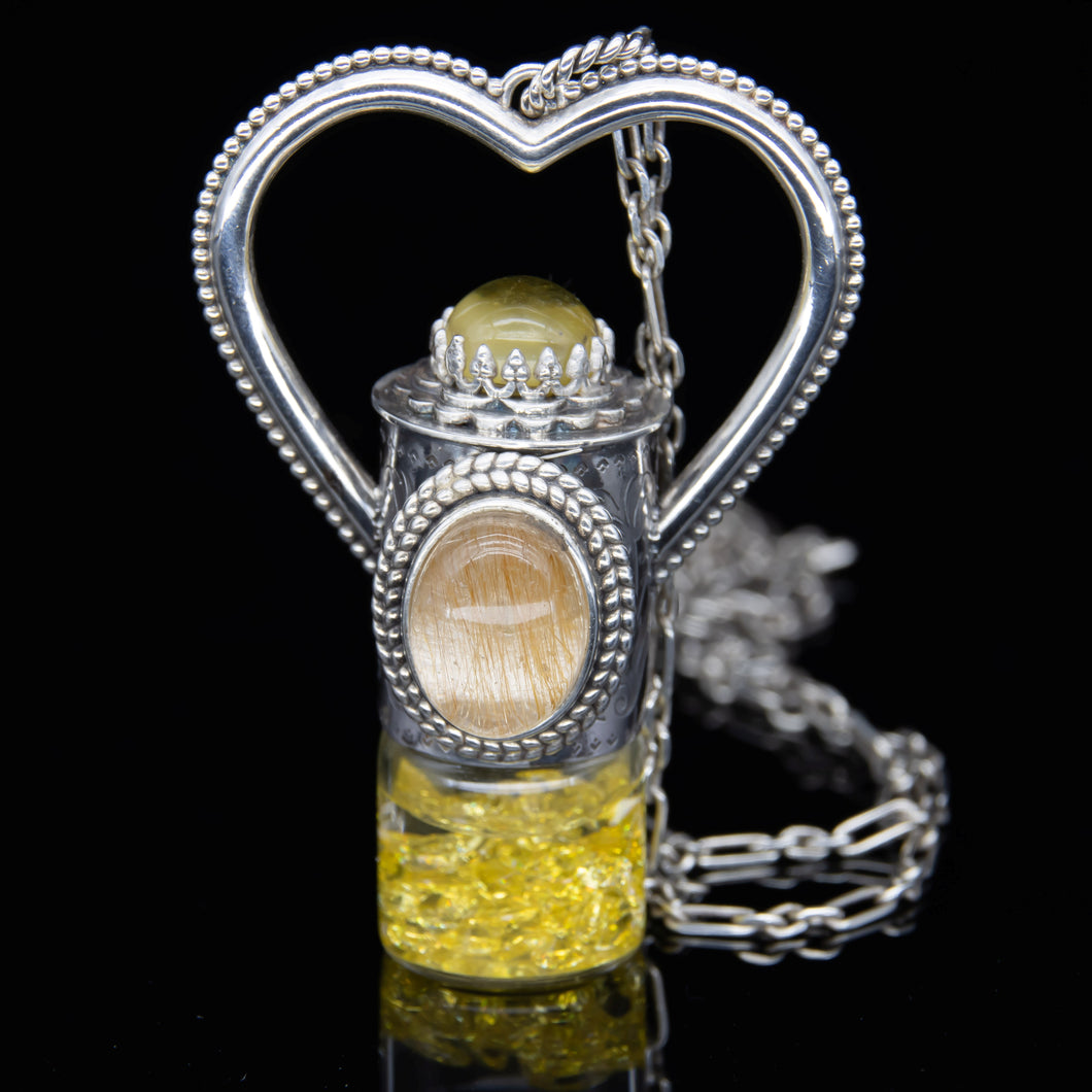 Fountain Sunset Rollerball Necklace Series - Amber & Yellow Rutilated Quartz on Black Leaf Pattern